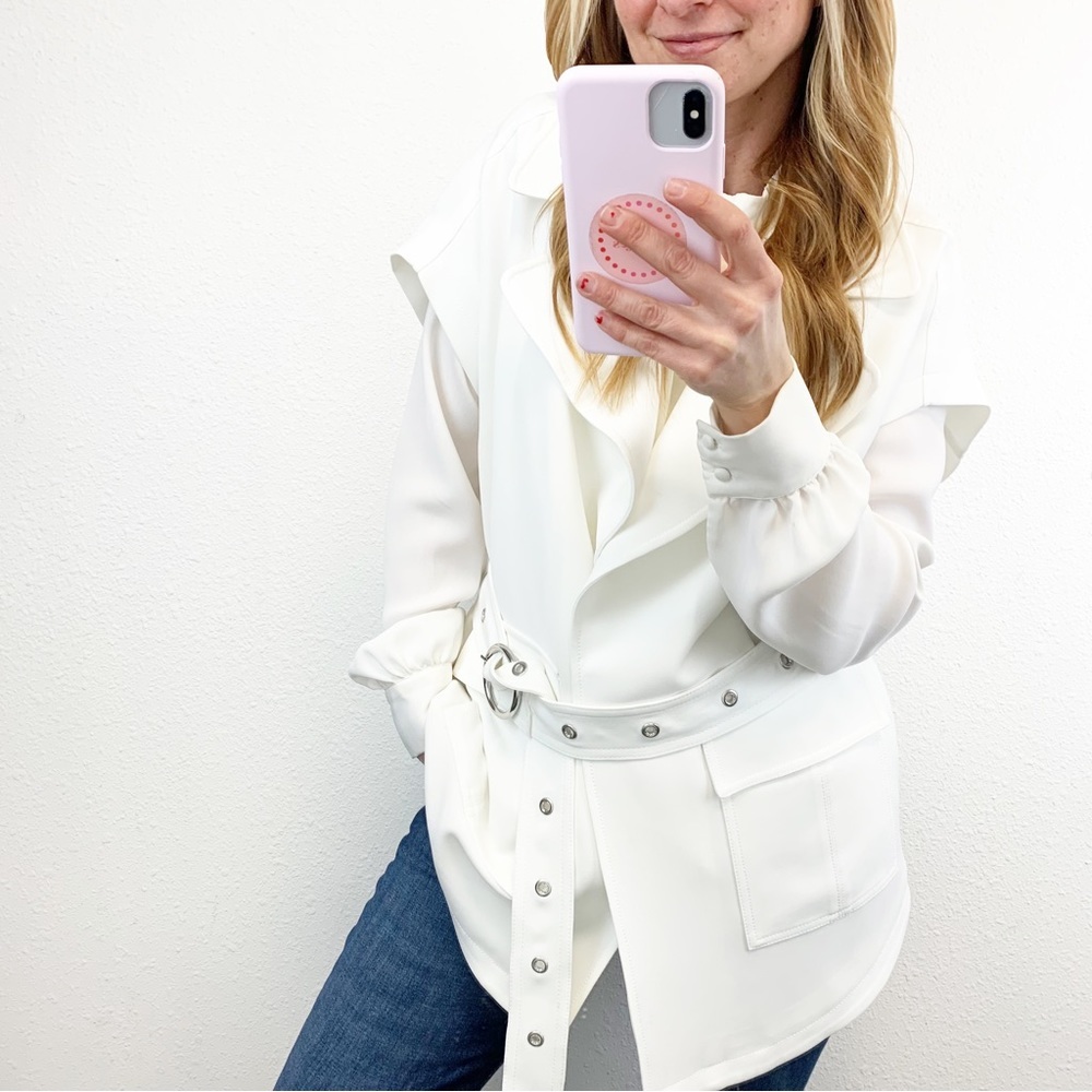 CINQ A SEPT Hunter Sleeveless Jacket in White Belted Open Front Career SIZE S